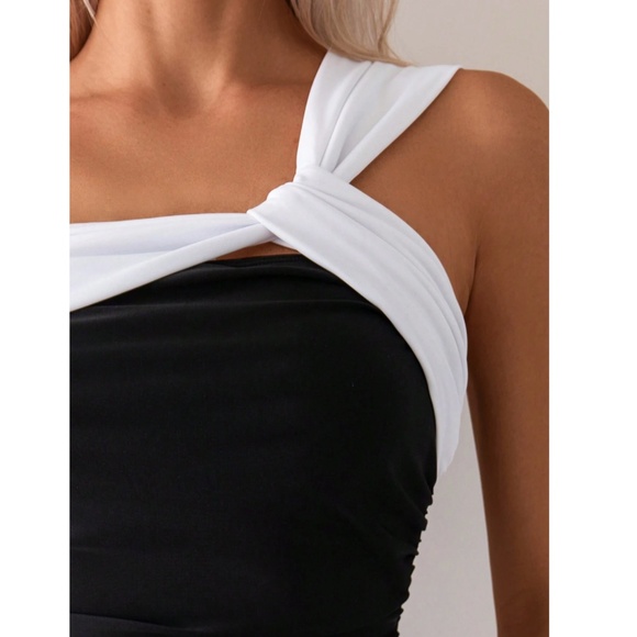 Black One Piece Swimsuit White Trim, Twisted One Shoulder Strap - Picture 2 of 5